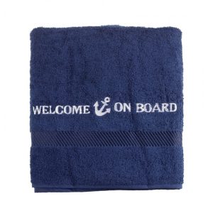 Badlaken "Welcome on board" geborduurd 70 x 140 cm navy